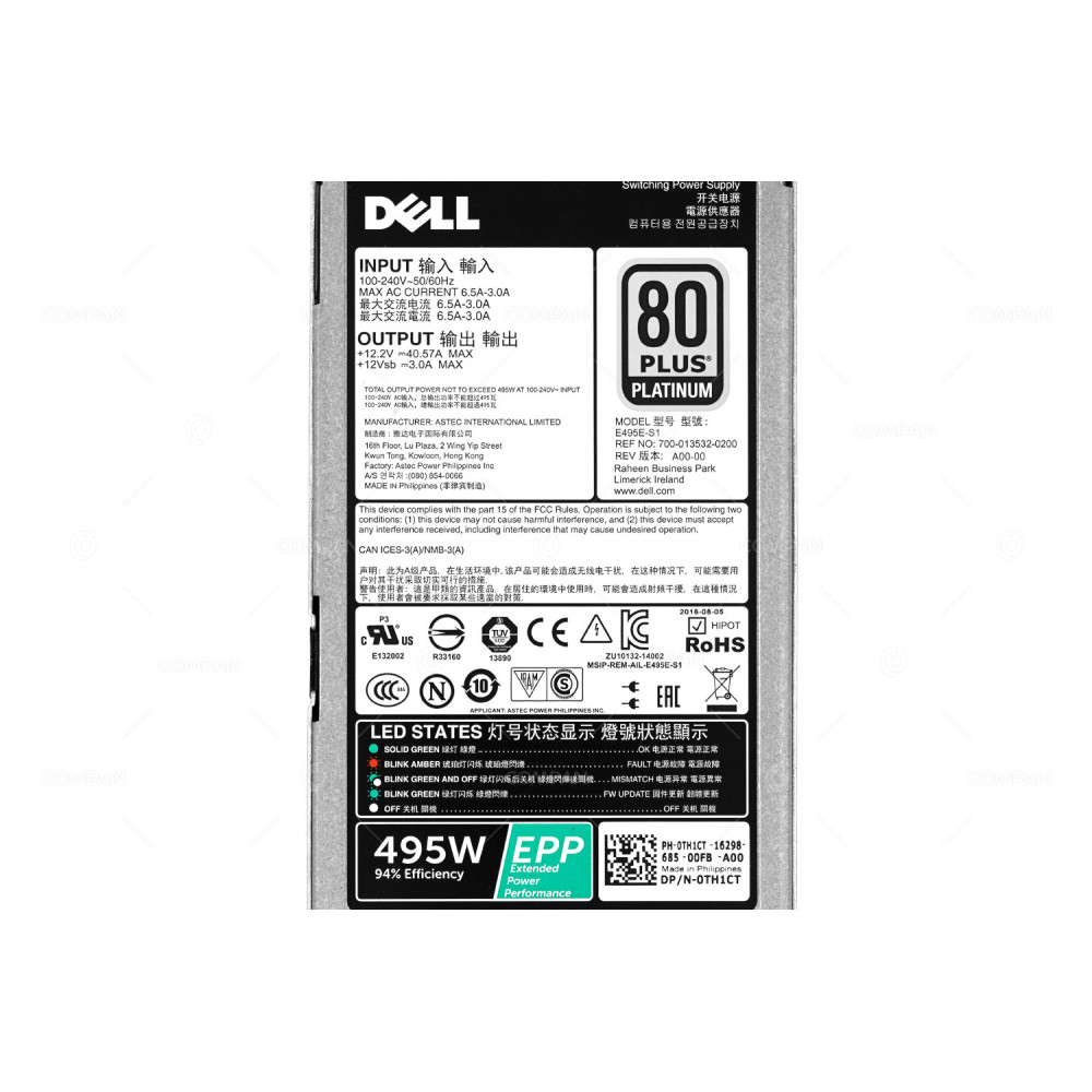 TH1CT DELL 495W POWER SUPPLY 80 PLUS PLATINUM FOR R630 R730 R730XD T430 T630